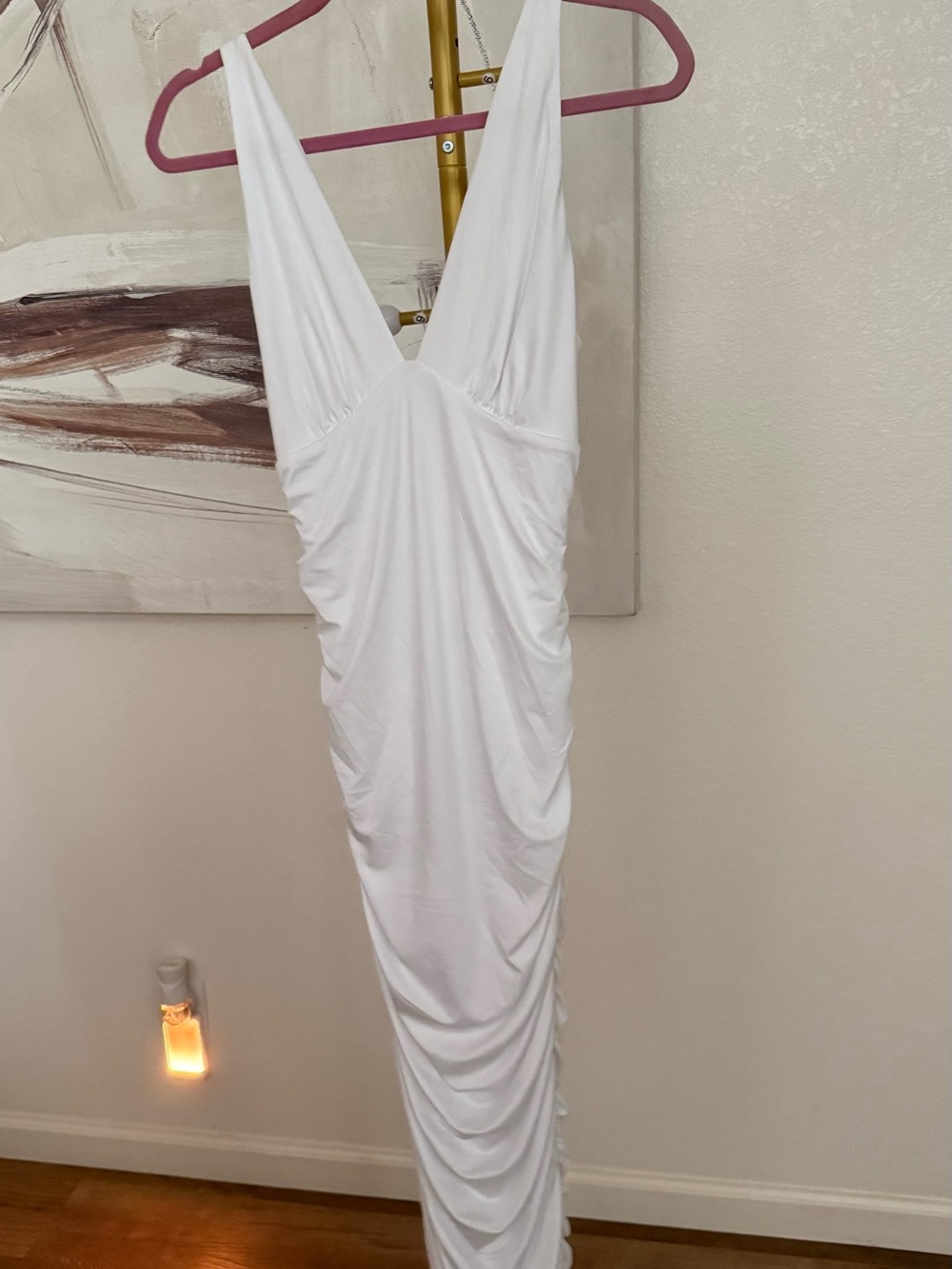 White V-Neck Ruched Maxi Dress - Women